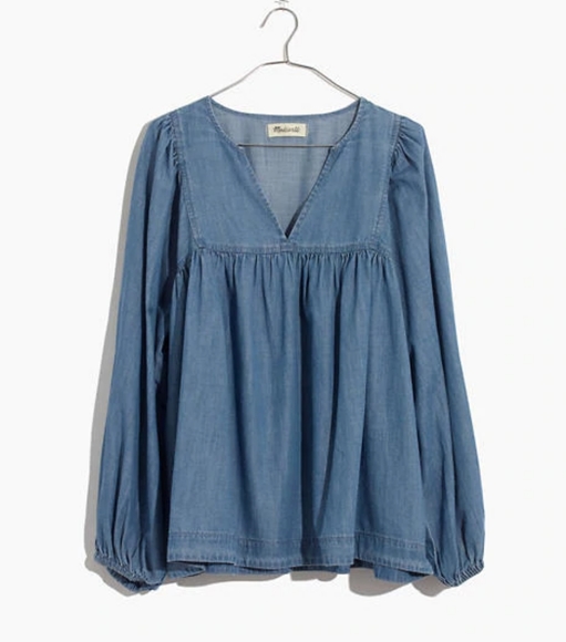 Madewell Denim Balloon-Sleeve Peasant TopXS - Picture 2 of 4